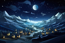 Children's Wallpaper Good Night, Sweet Dreams Concept Art. Paper Town, 3d Night Country Landscape With Starry Sky And Cozy Toy Houses.