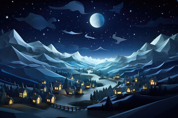 Children's wallpaper good night, sweet dreams concept art. Paper town, 3d night country landscape with starry sky and cozy toy houses.