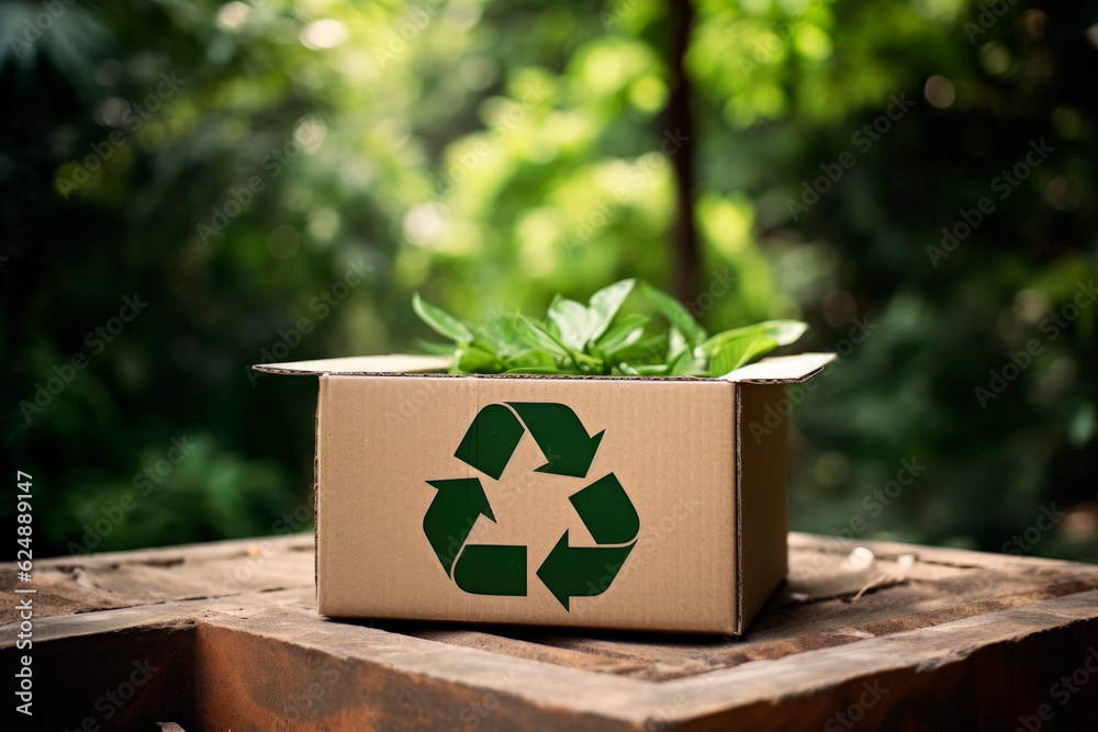 Generative Ai illustration of recycled cardboard box with recycle logo ...