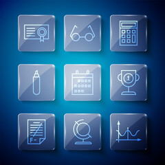 Sticker - Set line Exam paper with incorrect answers, Earth globe, Graph, schedule, chart, diagram, Calculator, Calendar, Marker pen, Certificate template and Award cup icon. Vector
