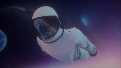 Wall Mural - astronaut in space tunnel. space suit flying in through starfield