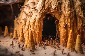 Wall Mural - close-up of termites constructing mound entrance, created with generative ai