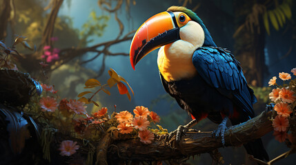 Toco toucan tropical bird in the reserve of exotic tropical birds in Latin America. South America bird. Colombia.