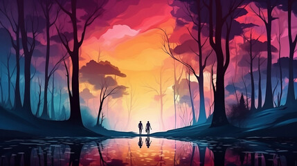 Wall Mural - Abstract artistic surreal landscape. Colorful forest with silhouette people. Fantasy background wallpaper, Generative Ai