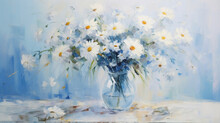 Abstract Bouquet Of Daisies In A Vase Oil Painting In Shades Of Blue. Impressionist Still Life Flowers, Generative Ai