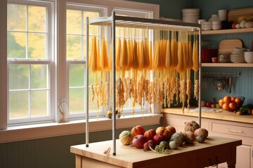 Sticker - drying rack with hanging strands of pasta, created with generative ai