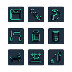 Canvas Print - Set line Bench with barbel, Chest expander, Bodybuilder muscle, Sports nutrition, Jump rope, Bathroom scales and Music player icon. Vector