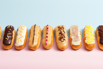 Wall Mural - Delicious eclairs with custard on flat background with copy space. Pastry shop banner template. French eclairs in chocolate coating and sprinkles.