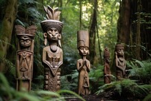 Hand-carved Wooden Tribal Statues In A Forest Setting, Created With Generative Ai