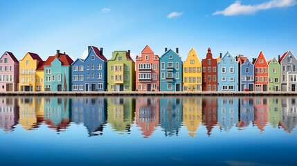 Colorful row of homes on a lake. Reflection of houses in the water. Old buildings in Europe. Architectural landscape, Generative Ai