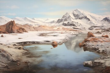 Canvas Print - volcanic landscape with contrasting hot springs and frozen ground, created with generative ai