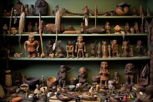 Collection Of Uncontacted Tribes Artifacts On Shelves, Created With Generative Ai