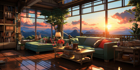 Wall Mural - living room in anime style drawing, wallpaper background image