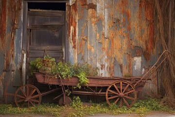 Poster - rusty vintage plow against rustic barn wall, created with generative ai