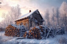 Rustic Woodpile Covered In Snow On A Frosty Day, Created With Generative Ai