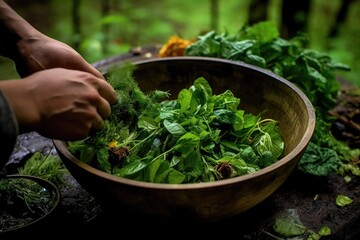 Poster - preparation of a wild greens salad in a bowl, created with generative ai