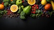healthy fruit, clean eating, fresh vegetable in isolated black background