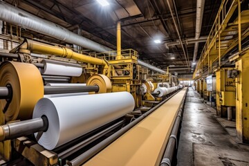 Poster - paper rolls on conveyor belts in a manufacturing plant, created with generative ai