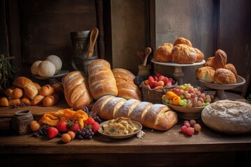 Wall Mural - artisanal breads and pastries on a distressed wood table, created with generative ai