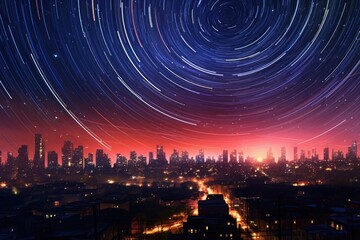 Canvas Print - curved star trails over a city skyline at night, created with generative ai