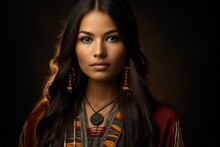 A Beautiful Young Native American Woman. The Concept Of Columbus Day And The Discovery Of America. Portrait