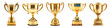 Generative AI, PNG set of 5 trophy cup. Champion trophy, shiny golden cup, sport award. Winner prize