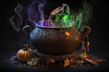 Witch's Cauldron With Mysterious Potion, Ready To Be Stirred And Brewed, Created With Generative Ai