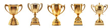 Generative AI, PNG Set Of 5 Trophy Cup. Champion Trophy, Shiny Golden Cup, Sport Award. Winner Prize