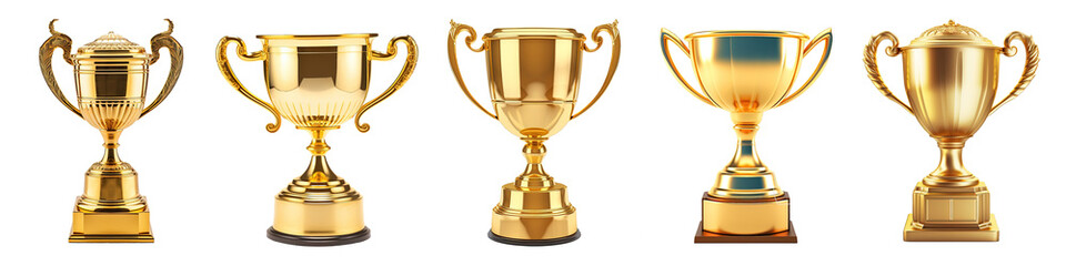 generative ai, png set of 5 trophy cup. champion trophy, shiny golden cup, sport award. winner prize