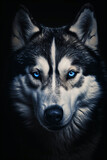 Fototapeta Psy - portrait of a husky with blue eyes dark background 