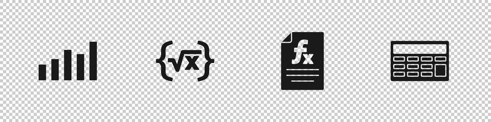 Poster - Set Graph, schedule, chart, diagram, Square root of x glyph, Function mathematical symbol and Calculator icon. Vector