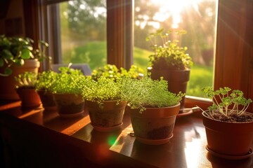 Canvas Print - morning sunlight illuminating potted microgreens, created with generative ai