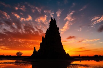 Sticker - silhouette of termite mound against sunset sky, created with generative ai