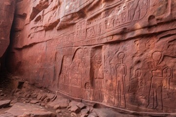 Sticker - close-up of ancient petroglyphs on red sandstone, created with generative ai