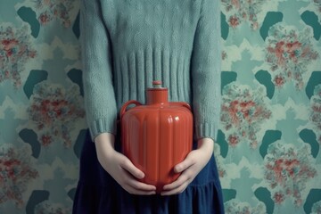 Sticker - hands holding a hot water bottle near a radiator, created with generative ai