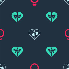 Poster - Set Wedding rings, Healed broken heart or divorce and Candy shaped box on seamless pattern. Vector