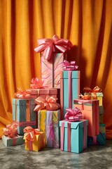 Wall Mural - gift boxes wrapped in bright paper and ribbons, created with generative ai