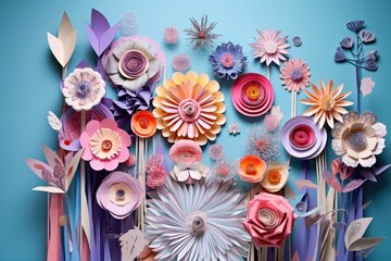Wall Mural - whimsical paper flower display with various shapes, created with generative ai