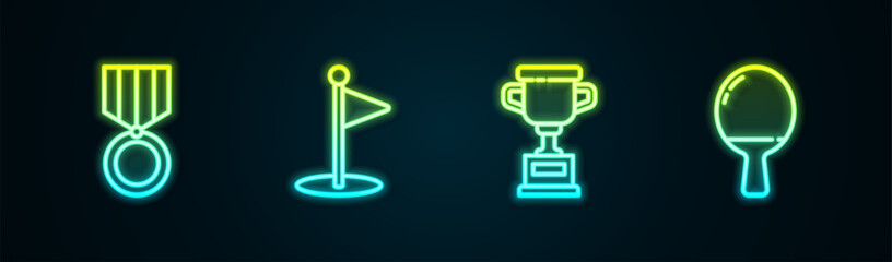 Wall Mural - Set line Medal, Golf flag, Award cup and Racket for playing table tennis. Glowing neon icon. Vector