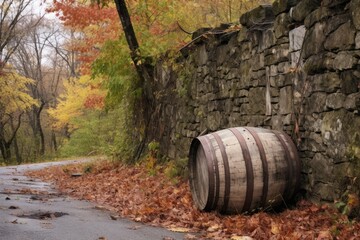 Poster - aging barrel near an old stone wall, created with generative ai