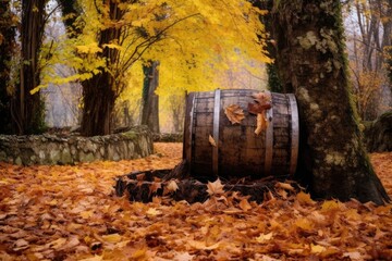 Canvas Print - aged barrel surrounded by fallen autumn leaves, created with generative ai