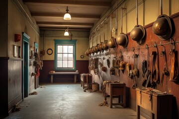 Sticker - old fire station interior with vintage helmets on hooks, created with generative ai