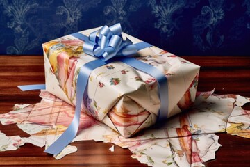 Canvas Print - torn wrapping paper revealing a surprise gift, created with generative ai