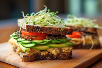 Wall Mural - vegetarian sandwich with hummus, cucumber, and sprouts, created with generative ai