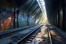 Subway Tunnel With Dramatic Shadows And Light Reflections, Created With Generative Ai