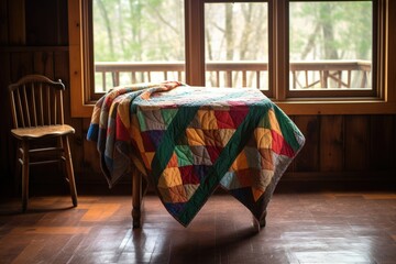 Wall Mural - vintage quilt folded neatly on rustic table, created with generative ai