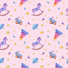 Watercolor Seamless Pattern Of Kid Wooden Toys Isolated On Pink Background. Cute Illustration Of Pyramid, Hobbyhorse, Spinning Top, Rabbit. Print For Children Wear, Scrapbooking, Wrapping, Fashion.