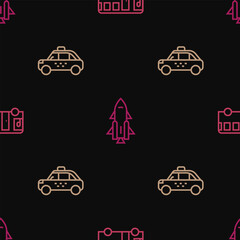 Poster - Set line Bus, Taxi car and Rocket ship with fire on seamless pattern. Vector