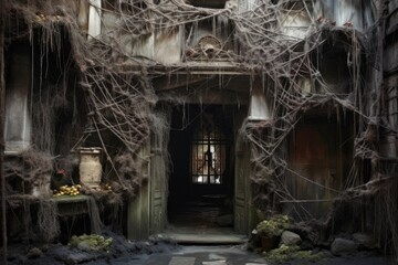 Wall Mural - creepy cobwebs covering a haunted house entrance, created with generative ai