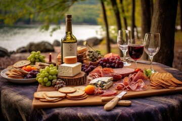 Canvas Print - picnic setting with charcuterie board and wine, created with generative ai